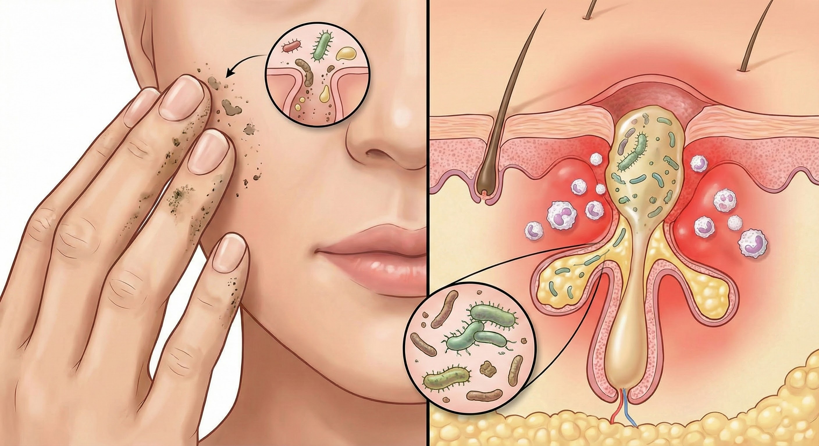 Ilustración que muestra la transferencia de bacterias de la mano a los poros de la cara