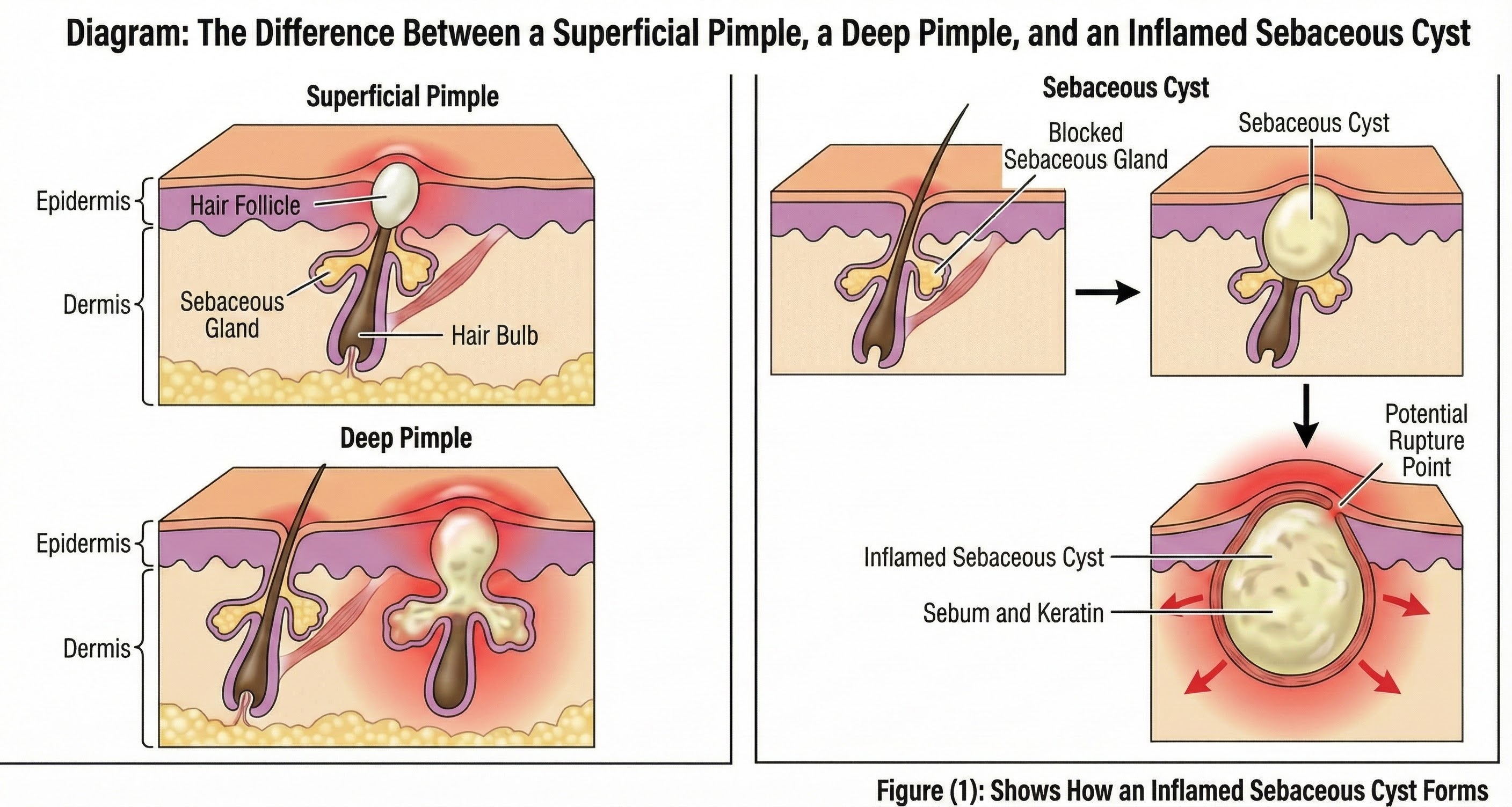 Diagram showing the difference between surface and deep pimples