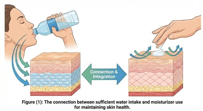 An illustrative image showing the importance of internal and external hydration for the skin
