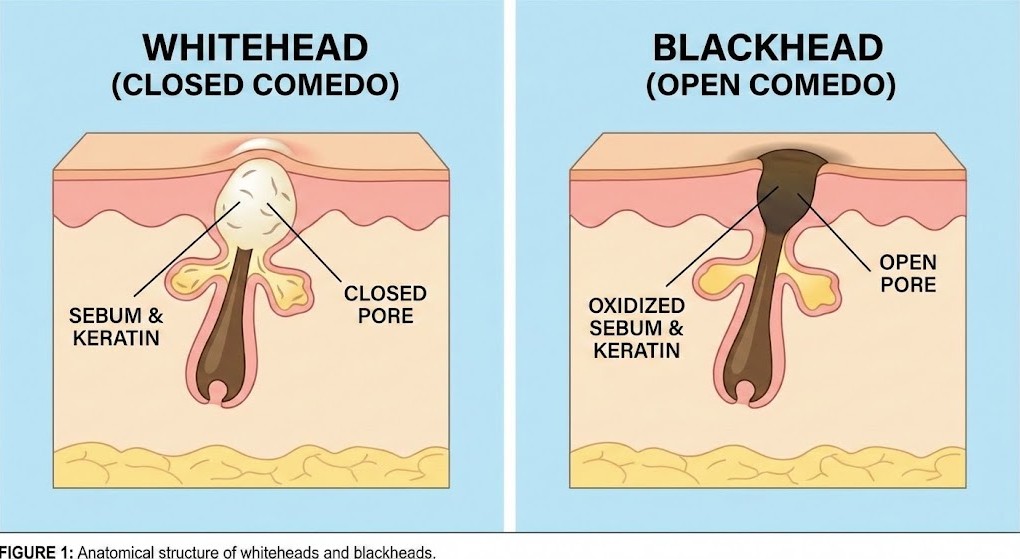 Diagram illustrating the difference between whiteheads and blackheads