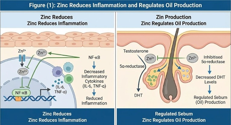 Schéma montrant comment le zinc réduit l'inflammation et le sébum